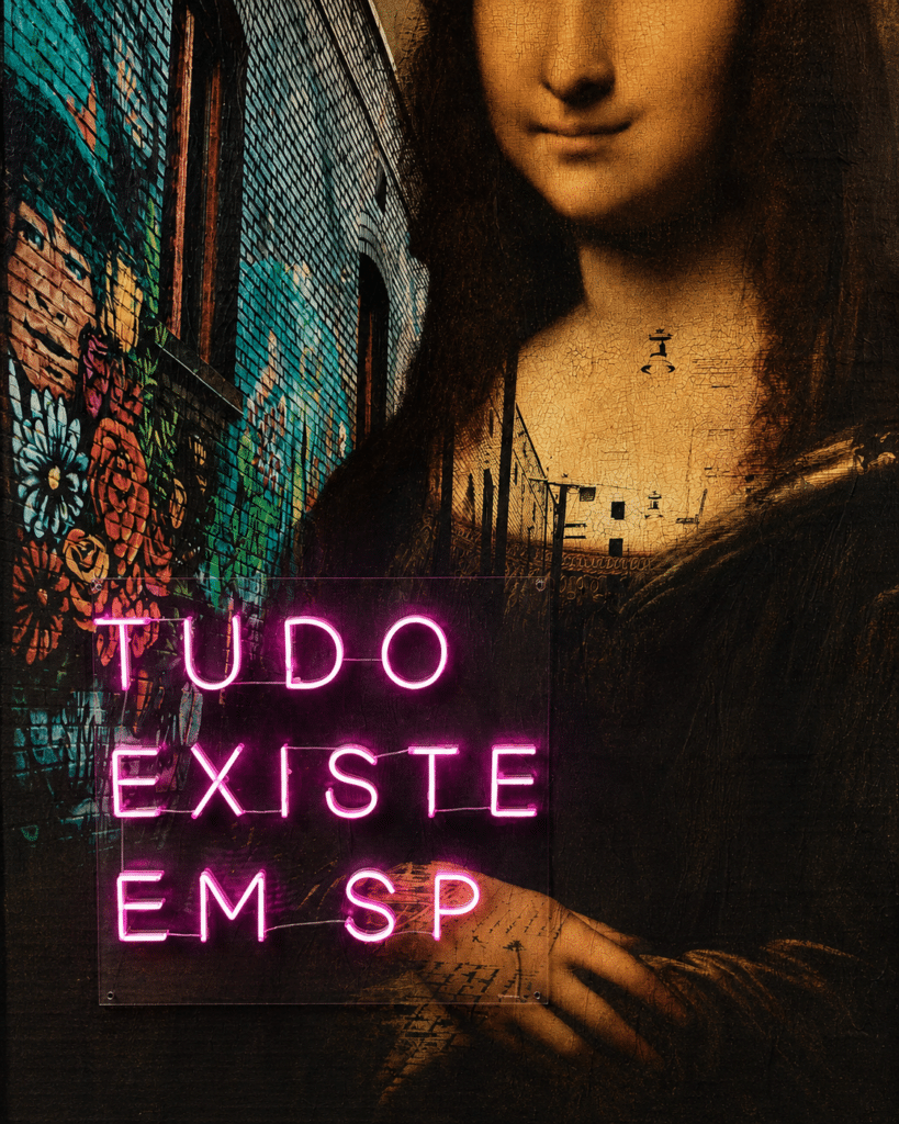 São Paulo Travel Guide Mona Lisa street-art mural with a pink neon sign reading “Tudo Existe em SP.”