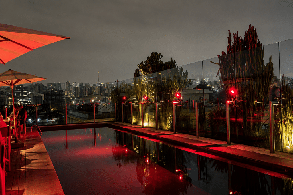 Red-lit pool at Unique Rooftop Bar overlooking the São Paulo skyline at night