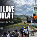 Why I Love Formula 1: Formula 1 blog cover featuring Interlagos, fans in team shirts, Ferrari grid preparations in Barcelona, and Richard Jarocki’s logo.