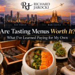 “Are Tasting Menus Worth It?” banner with Richard Jarocki’s logo, four city skylines, plated dishes and a truffle box.