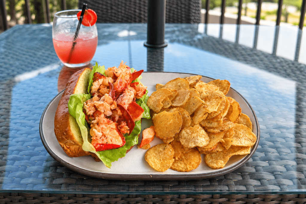 Lobster roll, potato chips and cocktail during brunch at BLACKBARN Hudson Valley
