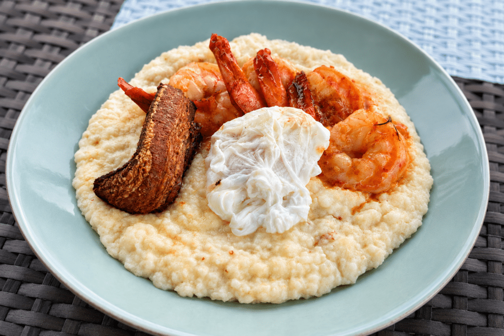Shrimp and creamy grits with a poached egg at BLACKBARN Hudson Valley