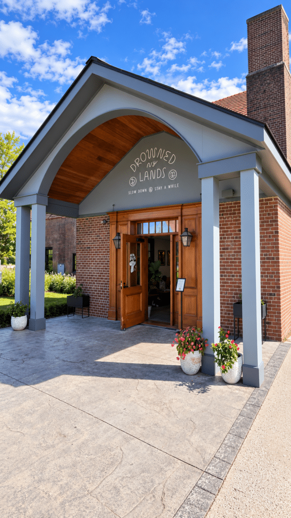 Brick exterior and covered entrance of Drowned Lands Brewery beneath a blue sky in Warwick, New York.