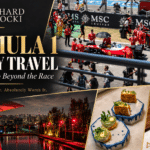 Formula 1 Luxury Travel: 7 Reasons to Go Beyond the Race Formula 1 luxury travel collage featuring a Ferrari race-grid scene, Hotel Unique’s rooftop, Mont Bar dishes, and a cocktail.