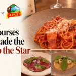 Viaggio x La Valle Dinner Review: paghetti, Wagyu carpaccio, Hiramasa and raviolo from the Viaggio x La Valle dinner, with Viaggio, La Valle and Richard Jarocki logos.