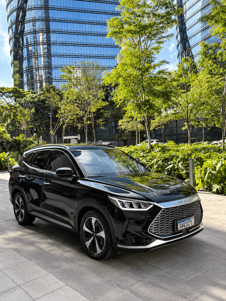 A black BYD SUV arranged through Rhino outside W São Paulo, with trees and glass buildings behind it.
