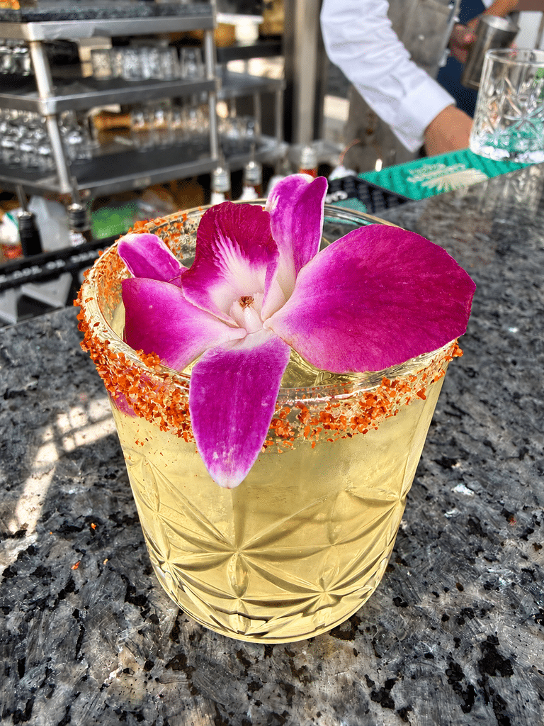 Blu Pointe Review Colorful flower-garnished cocktail served at Blu Pointe’s outdoor bar