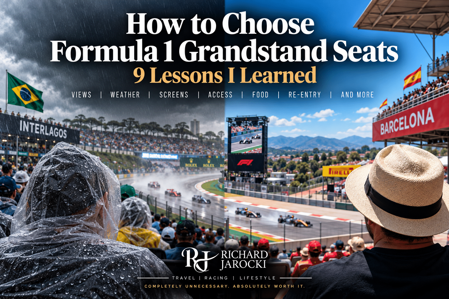 Formula 1 grandstand seats at Interlagos and Barcelona in rain and sunshine