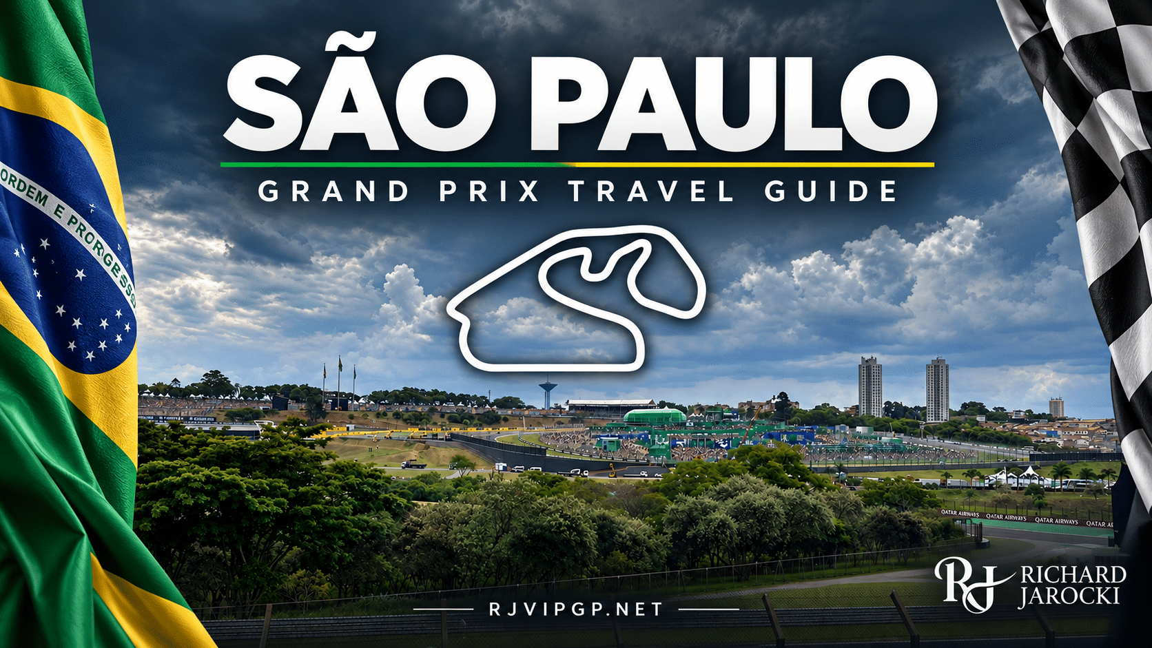São Paulo Grand Prix Travel Guide — Interlagos São Paulo Grand Prix travel guide cover with an Interlagos photograph, circuit outline, Brazilian and checkered flags, and Richard Jarocki’s logo.