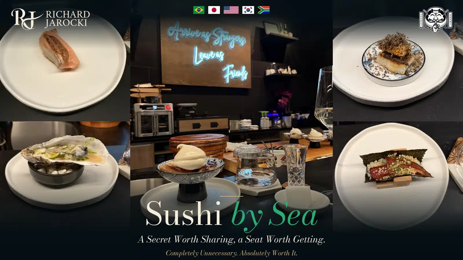 Sushi by Sea review collage with salmon, oyster, uni milk bread and eel surrounding the counter and neon welcome sign.